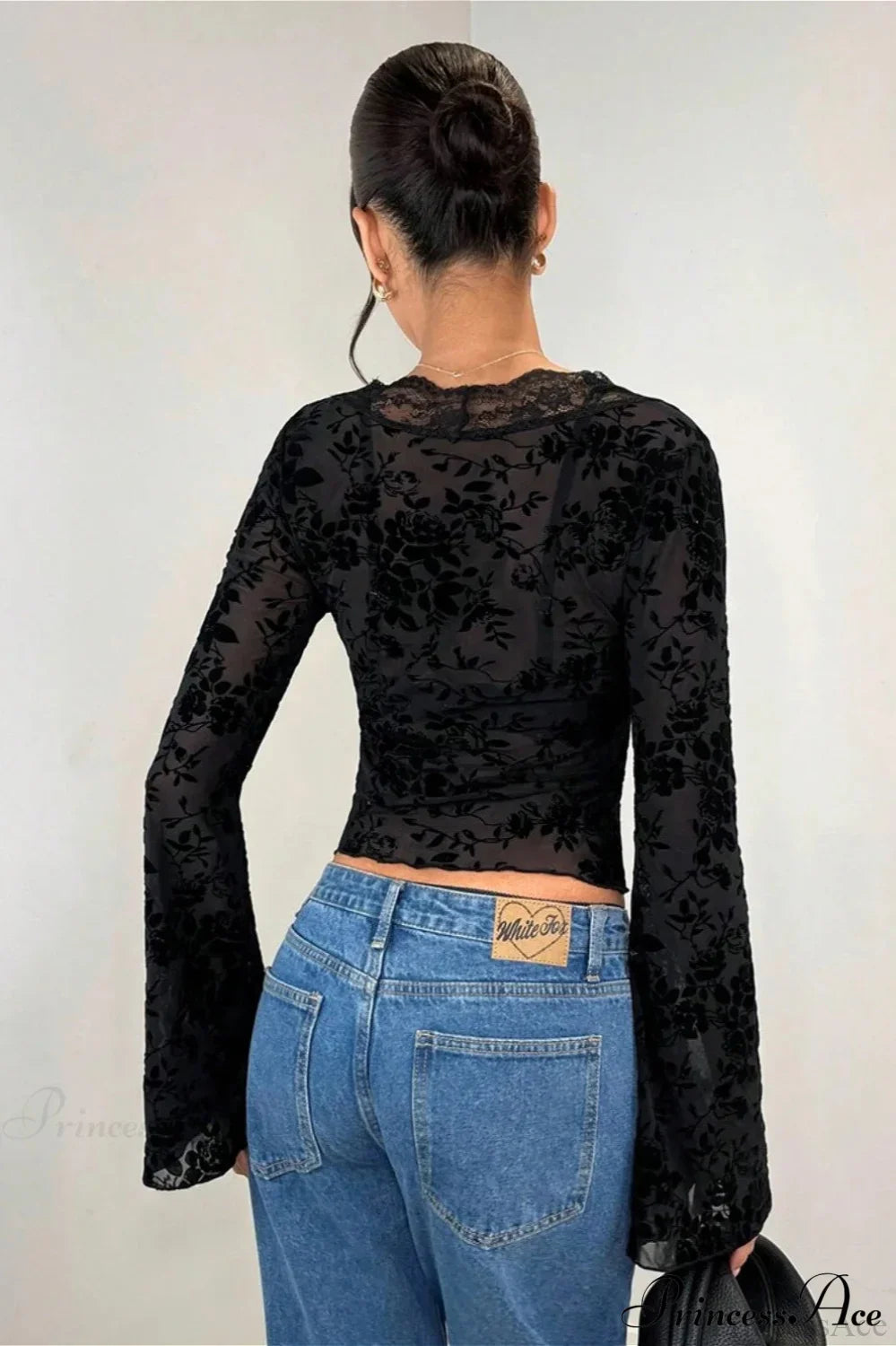 Lace Panel Leopard Slim Flared Sleeve Long Sleeve Tee image 6