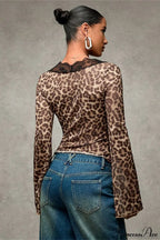 Lace Panel Leopard Slim Flared Sleeve Long Sleeve Tee image 2