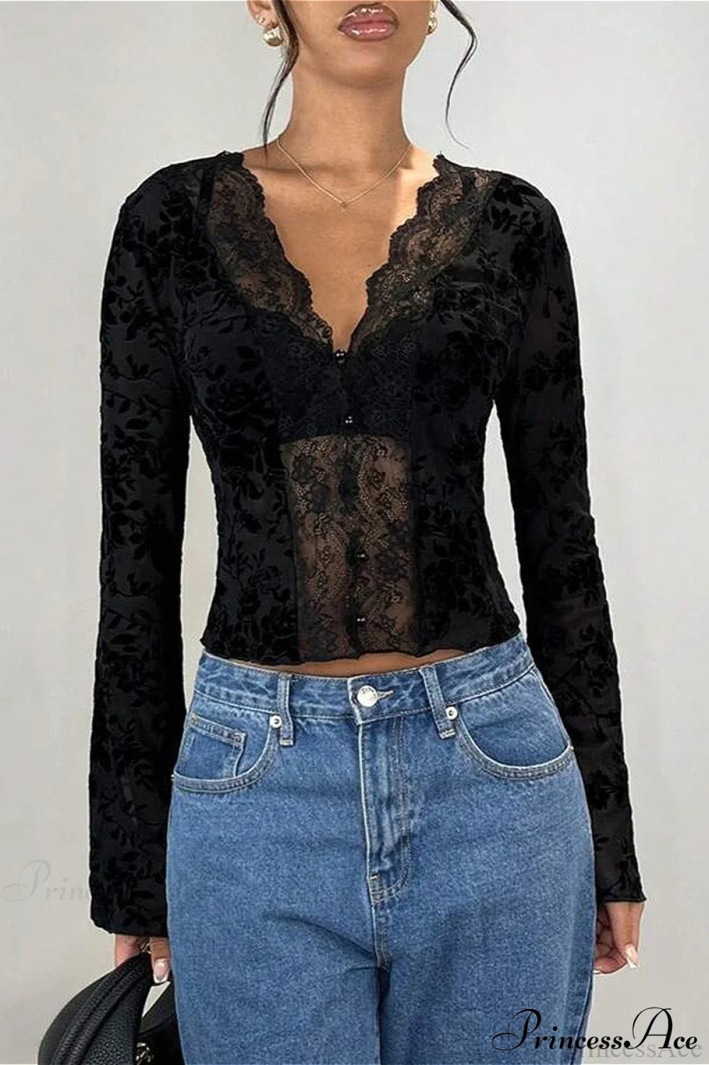 Lace Panel Leopard Slim Flared Sleeve Long Sleeve Tee image 4