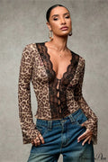 Lace Panel Leopard Slim Flared Sleeve Long Sleeve Tee image 1