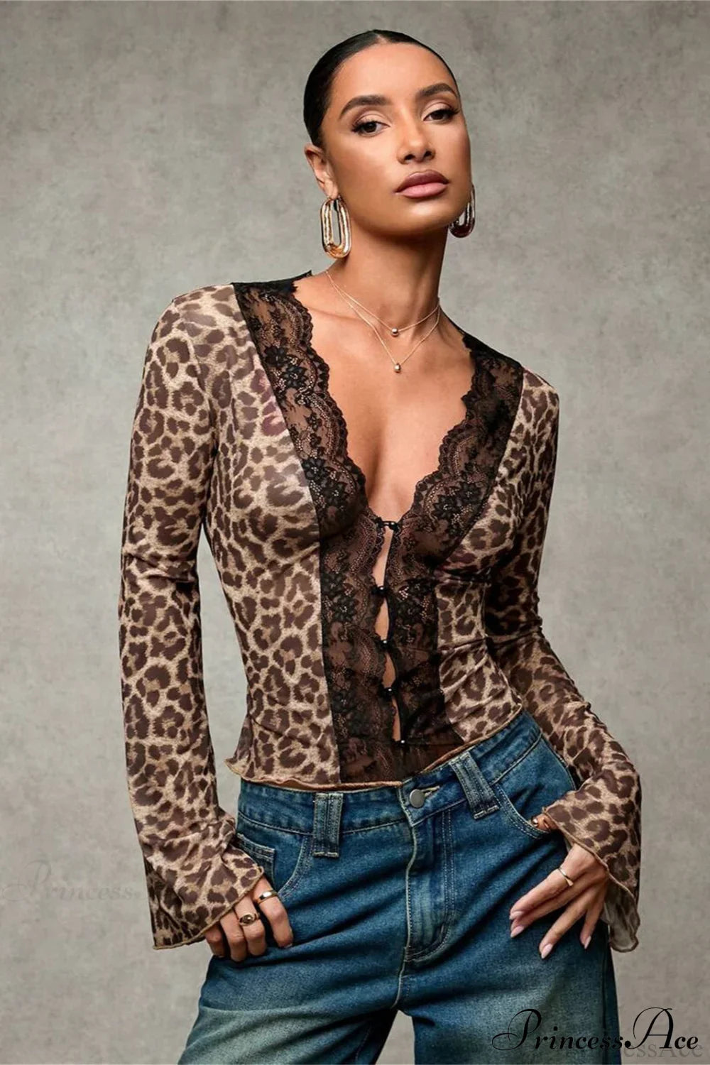 Lace Panel Leopard Slim Flared Sleeve Long Sleeve Tee image 1
