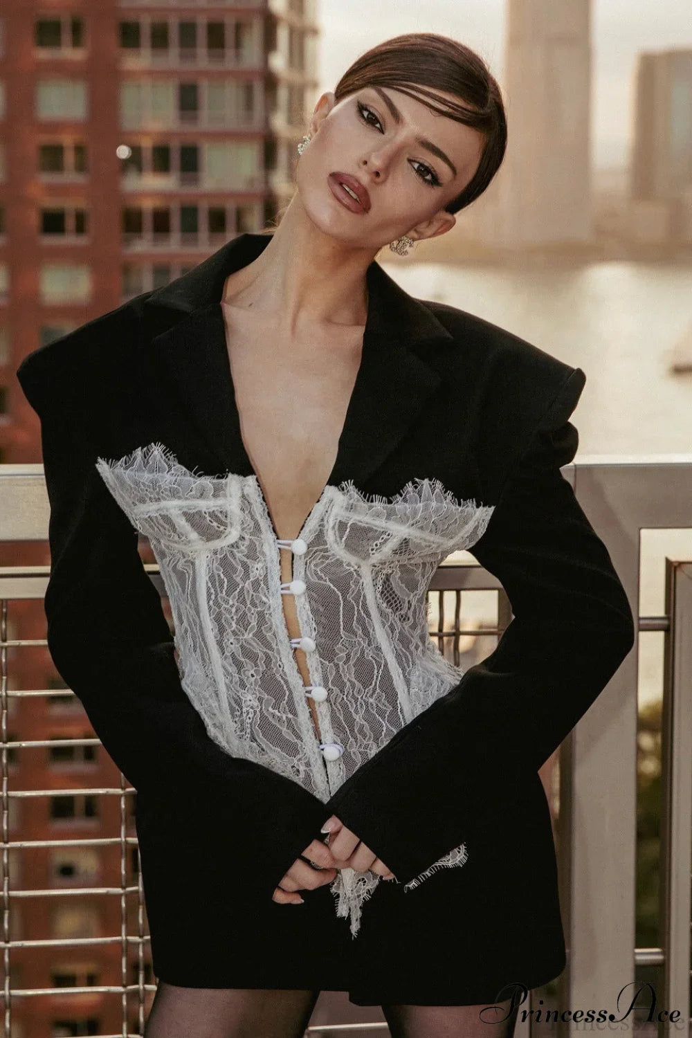 Lace Panel Sexy Fitted Shoulder Blazer image 2