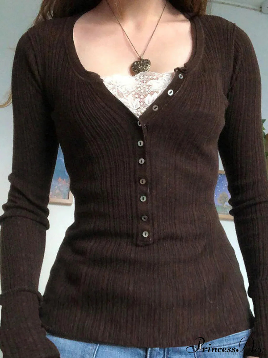 Lace Paneled Graceful Brown Tank Top image 1