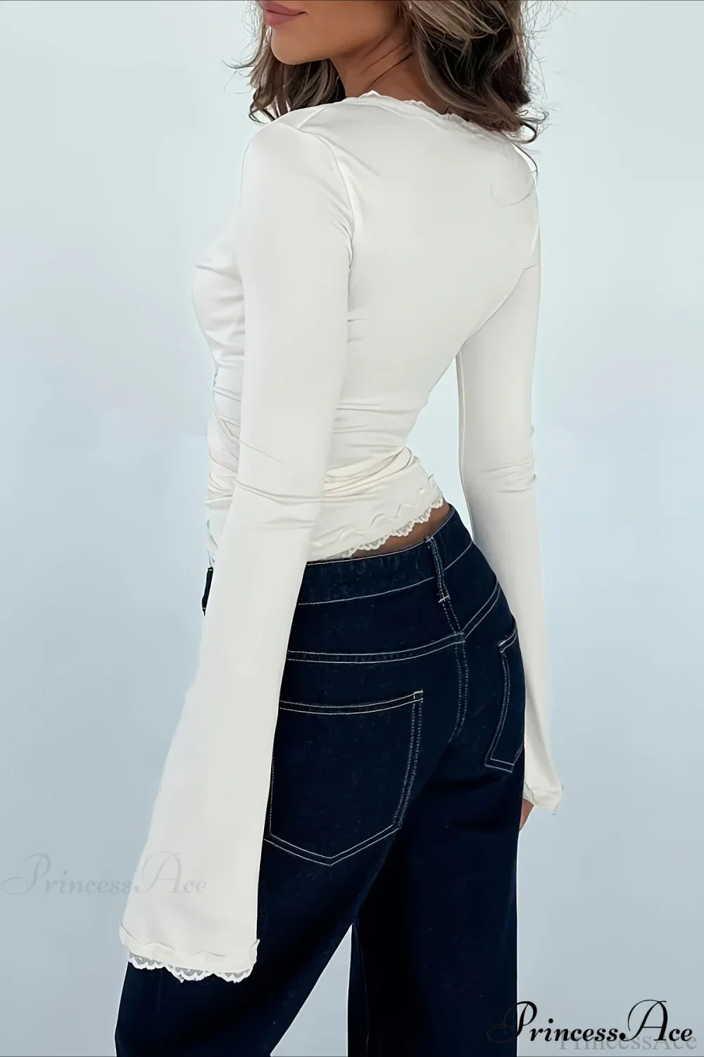 Lace Paneled V-Neck Tie-Waist Long-Sleeve Slim Knit Top image 8