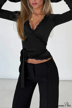 Lace Paneled V-Neck Tie-Waist Long-Sleeve Slim Knit Top image 3