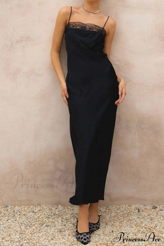 Lace Patchwork Cami Dress in Black image 1