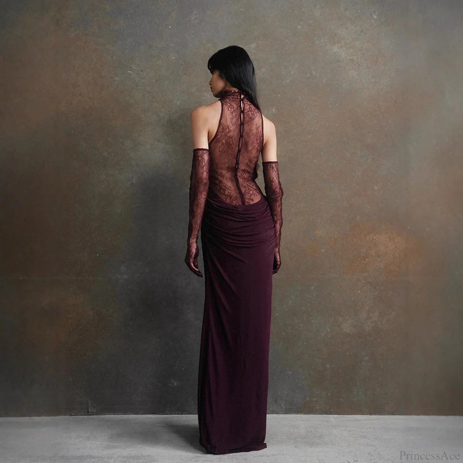 Lace Patchwork Deep V Ruched Prom Dress image 3