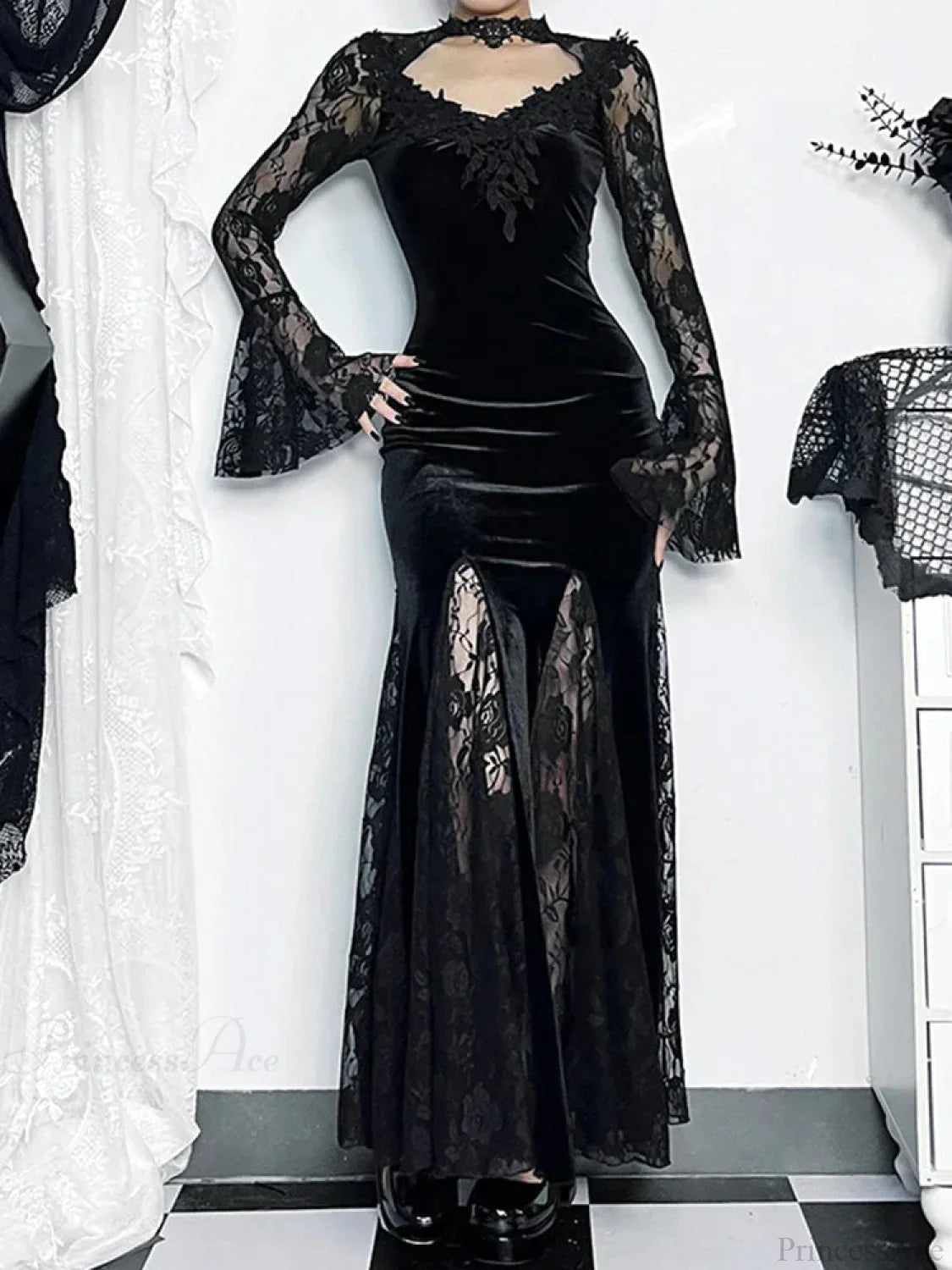 Lace Patchwork Flare Sleeve Maxi Dress image 1