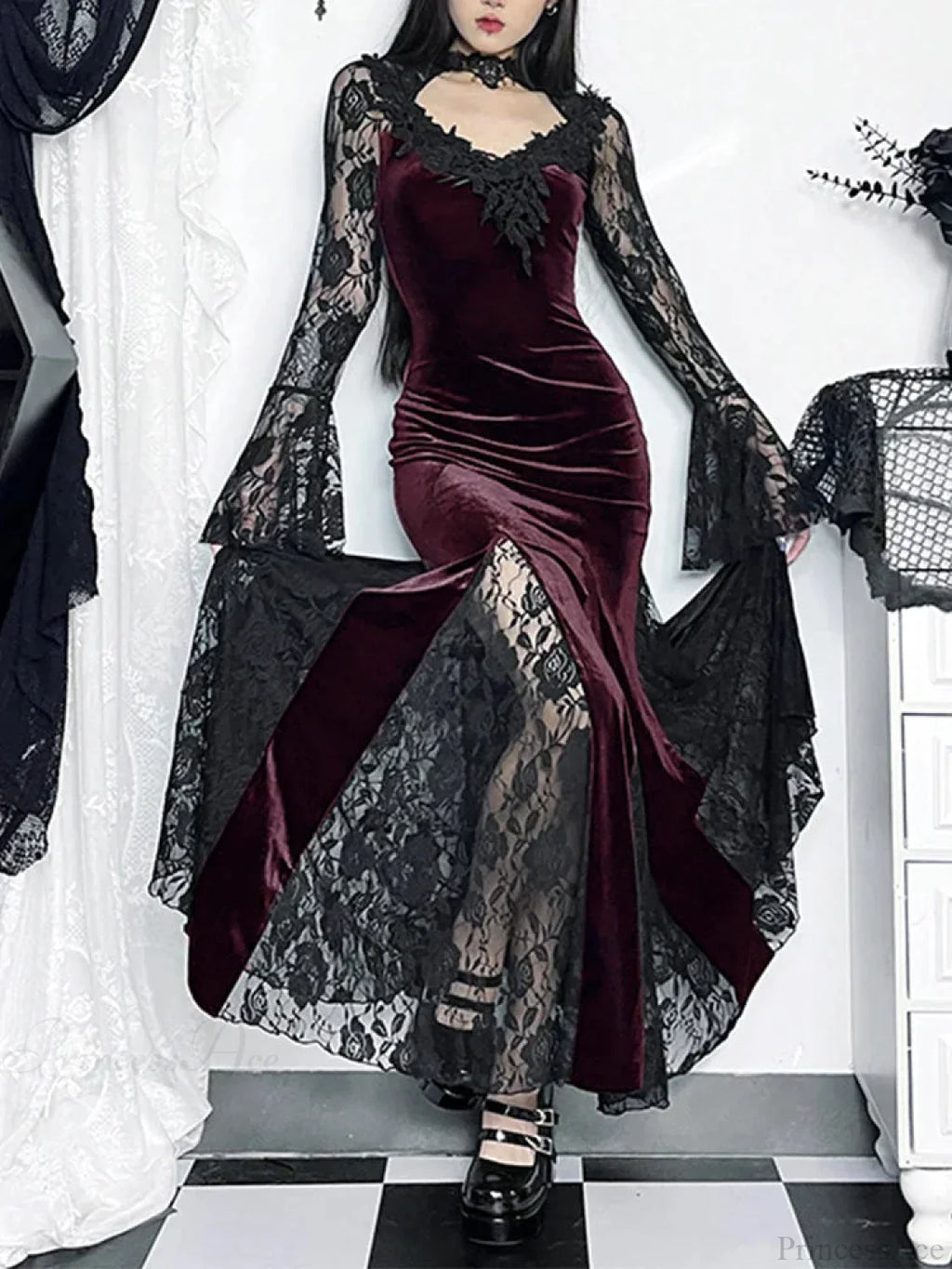 Lace Patchwork Flare Sleeve Maxi Dress image 7