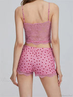 Lace Patchwork Heart Print Camis Crop Top with Casual Shorts Pajama Set image 4