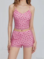 Lace Patchwork Heart Print Camis Crop Top with Casual Shorts Pajama Set image 6