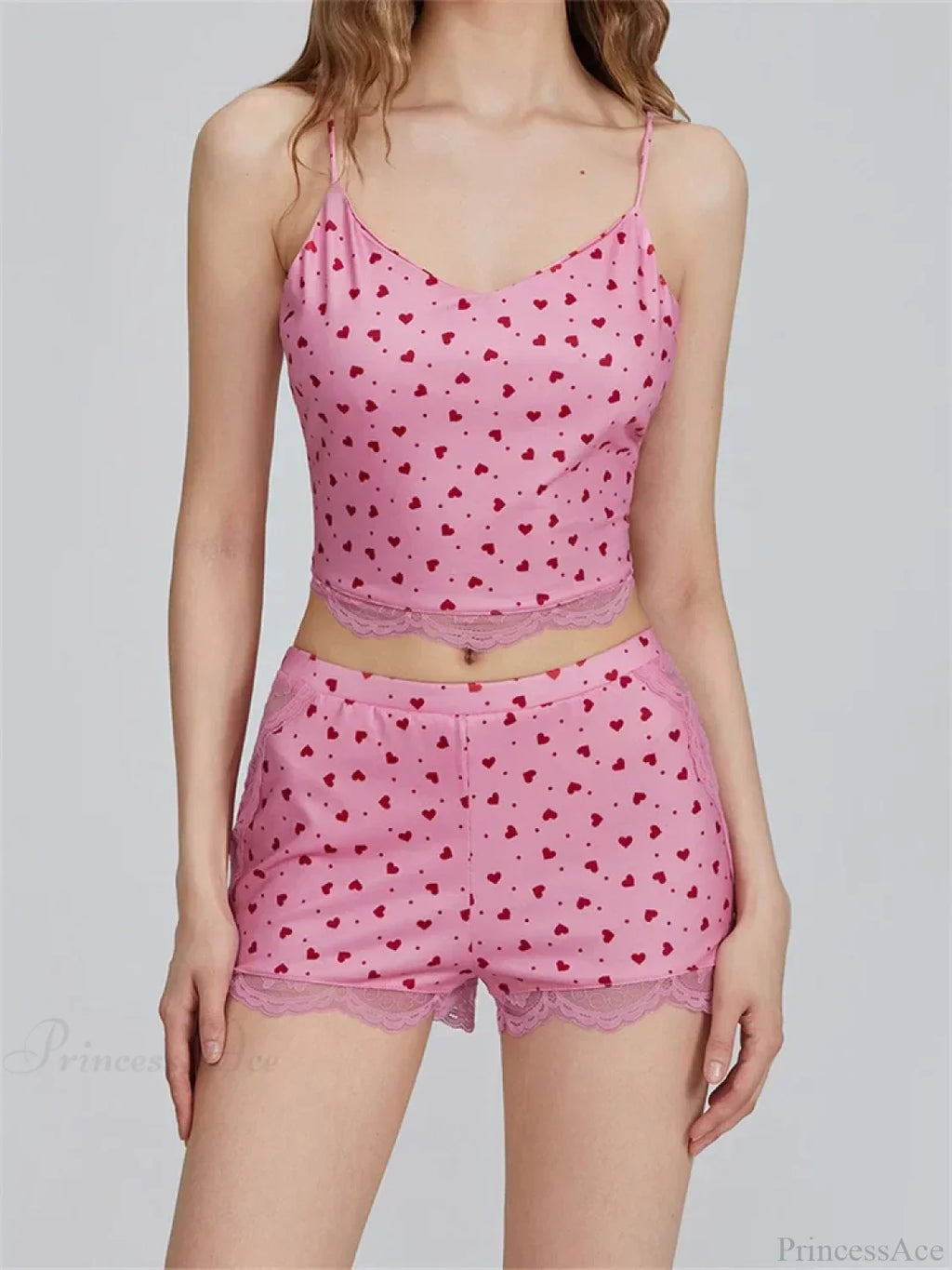 Lace Patchwork Heart Print Camis Crop Top with Casual Shorts Pajama Set image 2
