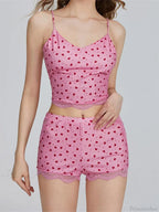 Lace Patchwork Heart Print Camis Crop Top with Casual Shorts Pajama Set image 5