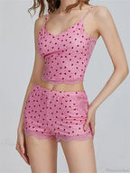 Lace Patchwork Heart Print Camis Crop Top with Casual Shorts Pajama Set image 3