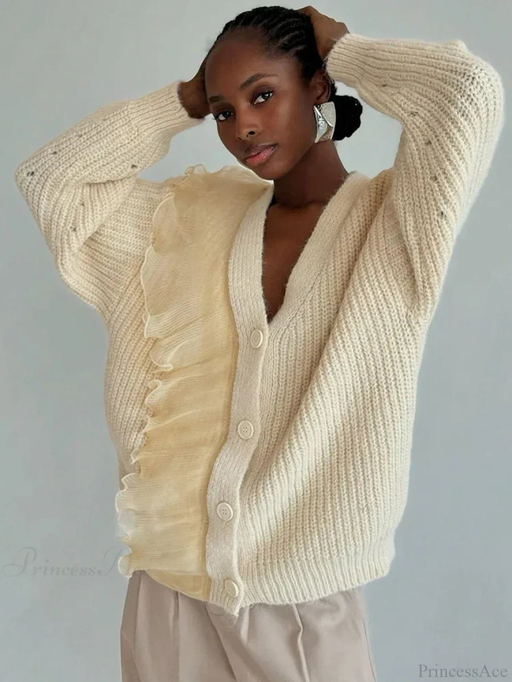 Lace Patchwork V-neck Ribbed Cardigan image 3