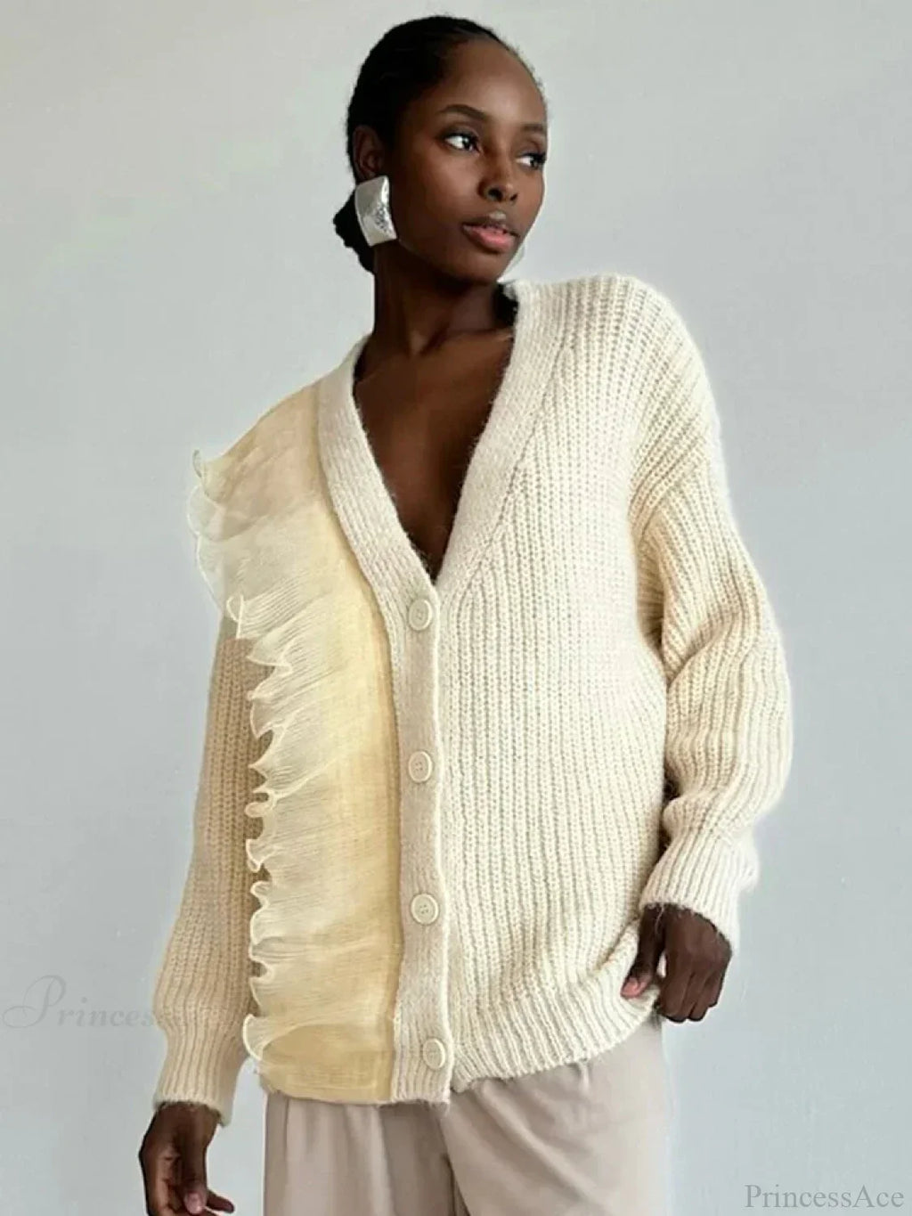 Lace Patchwork V-neck Ribbed Cardigan image 2