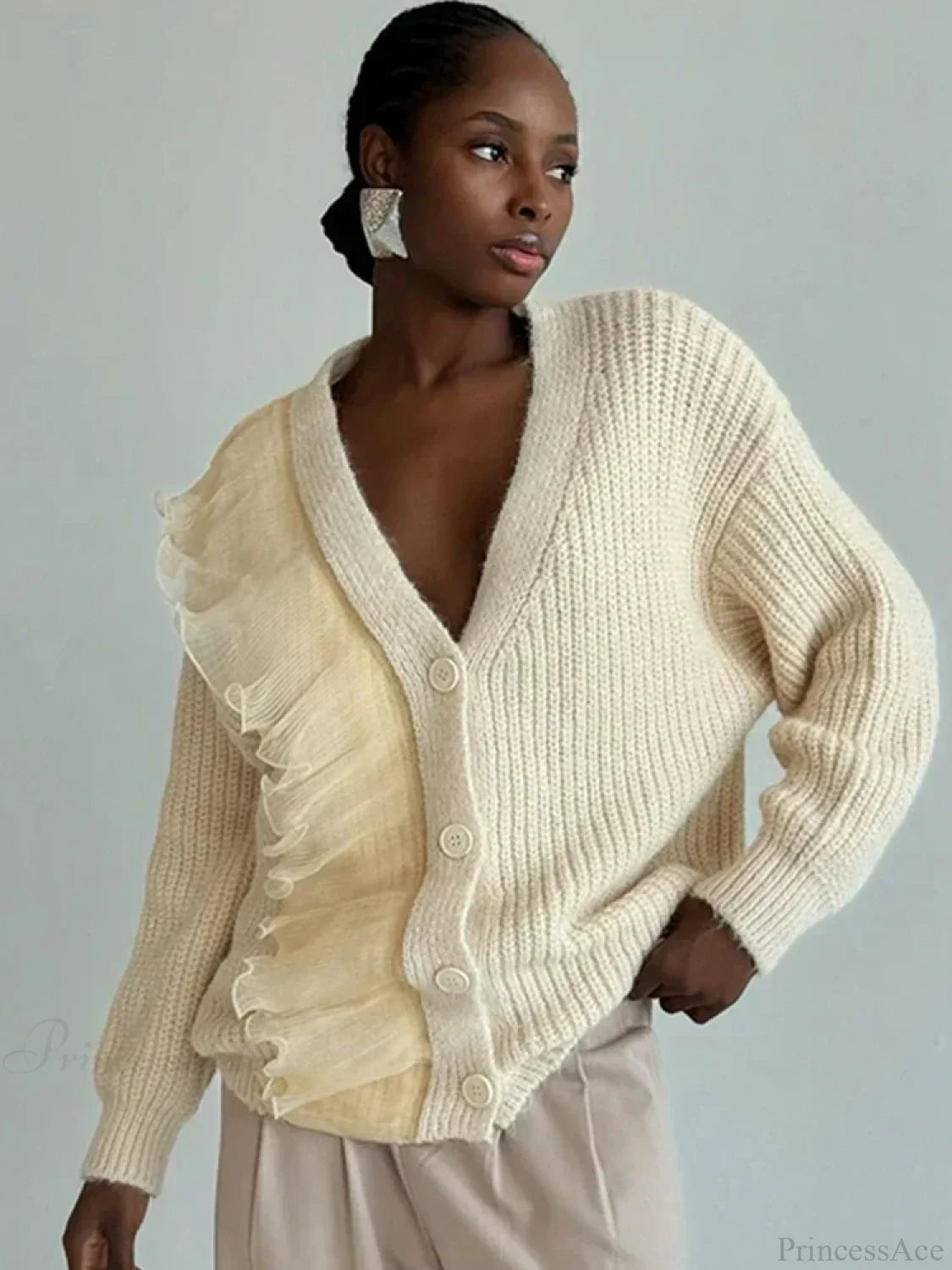 Lace Patchwork V-neck Ribbed Cardigan image 5