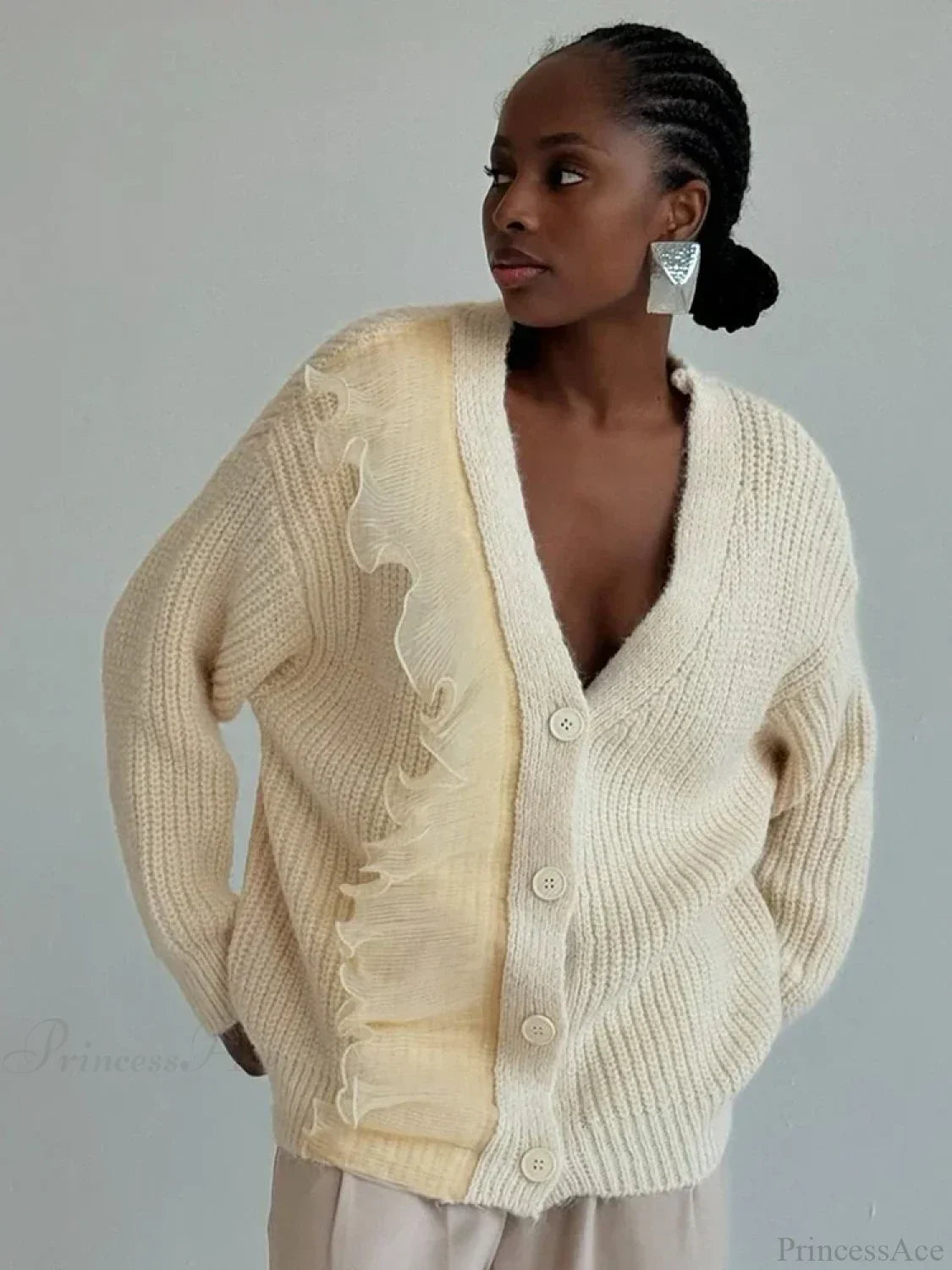 Lace Patchwork V-neck Ribbed Cardigan image 4