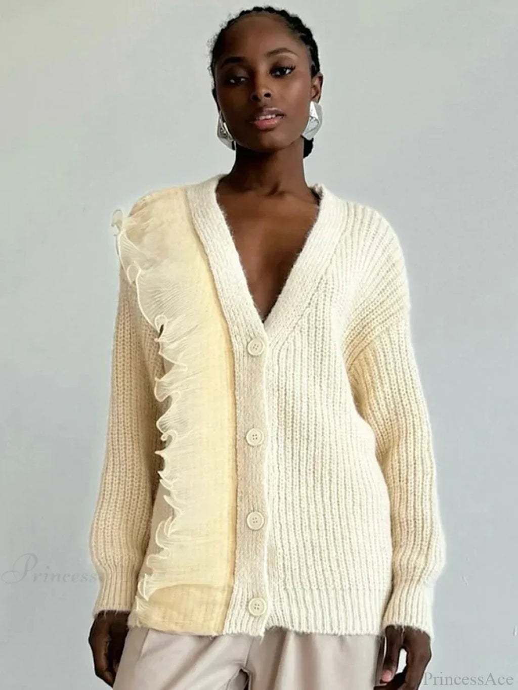 Lace Patchwork V-neck Ribbed Cardigan image 1