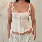 Lace Ribbon Bowknot Button-Up Slim Crop Top image 6
