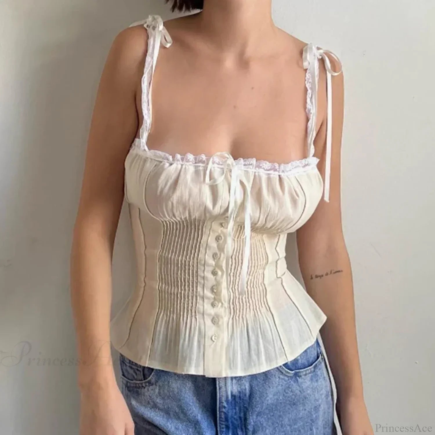 Lace Ribbon Bowknot Button-Up Slim Crop Top image 1
