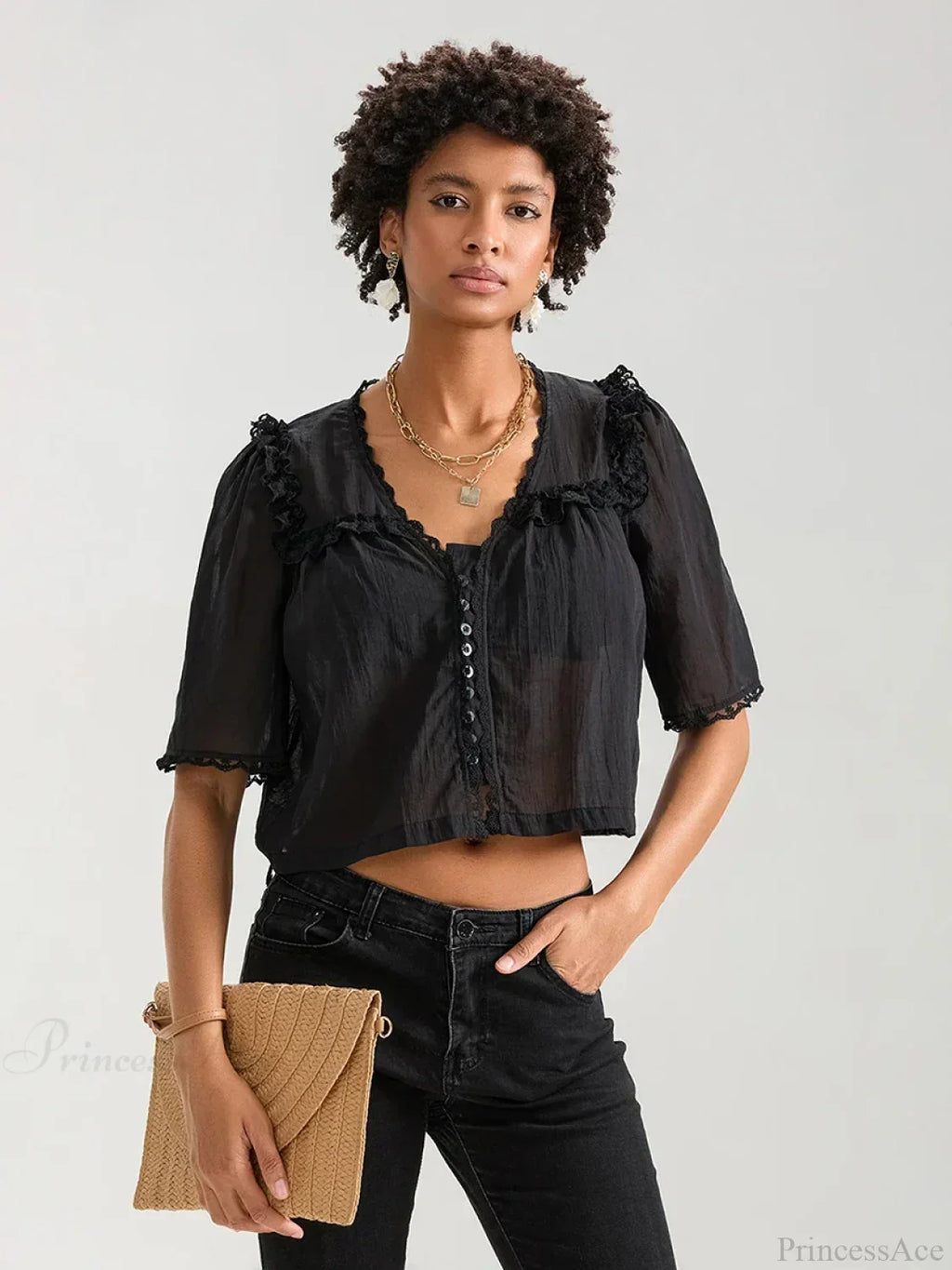 Lace Ruffle V-neck Button Casual Loose Crop Shirt image 7