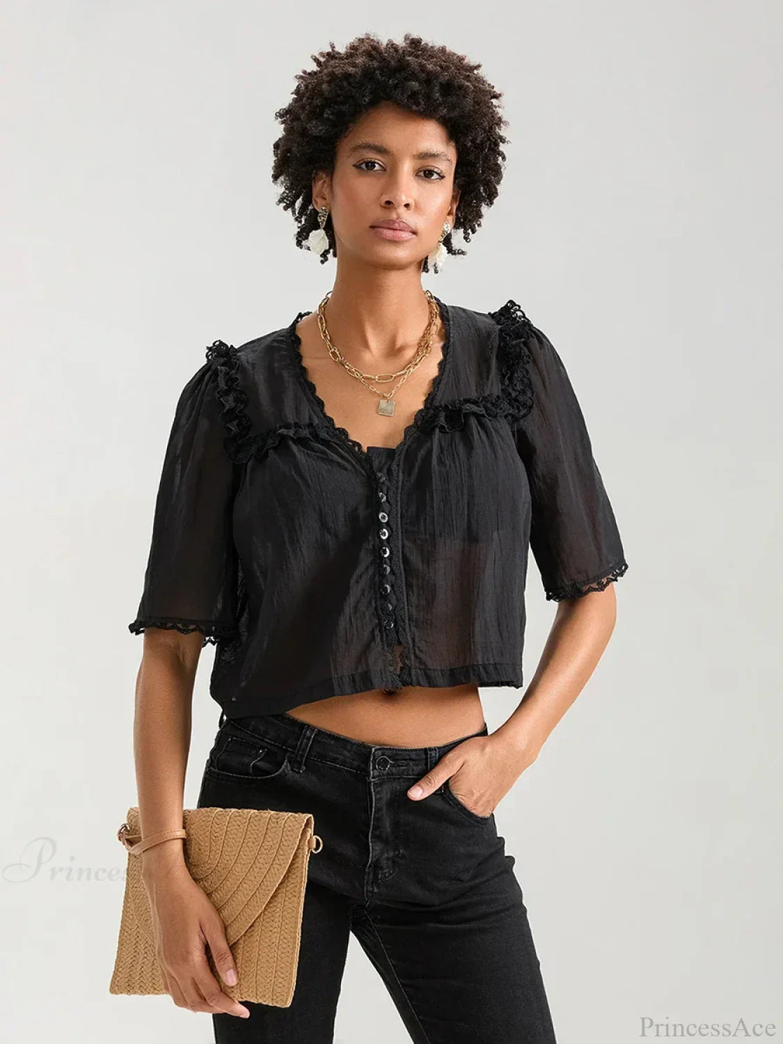 Lace Ruffle V-neck Button Casual Loose Crop Shirt image 7