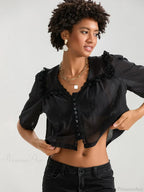 Lace Ruffle V-neck Button Casual Loose Crop Shirt image 5