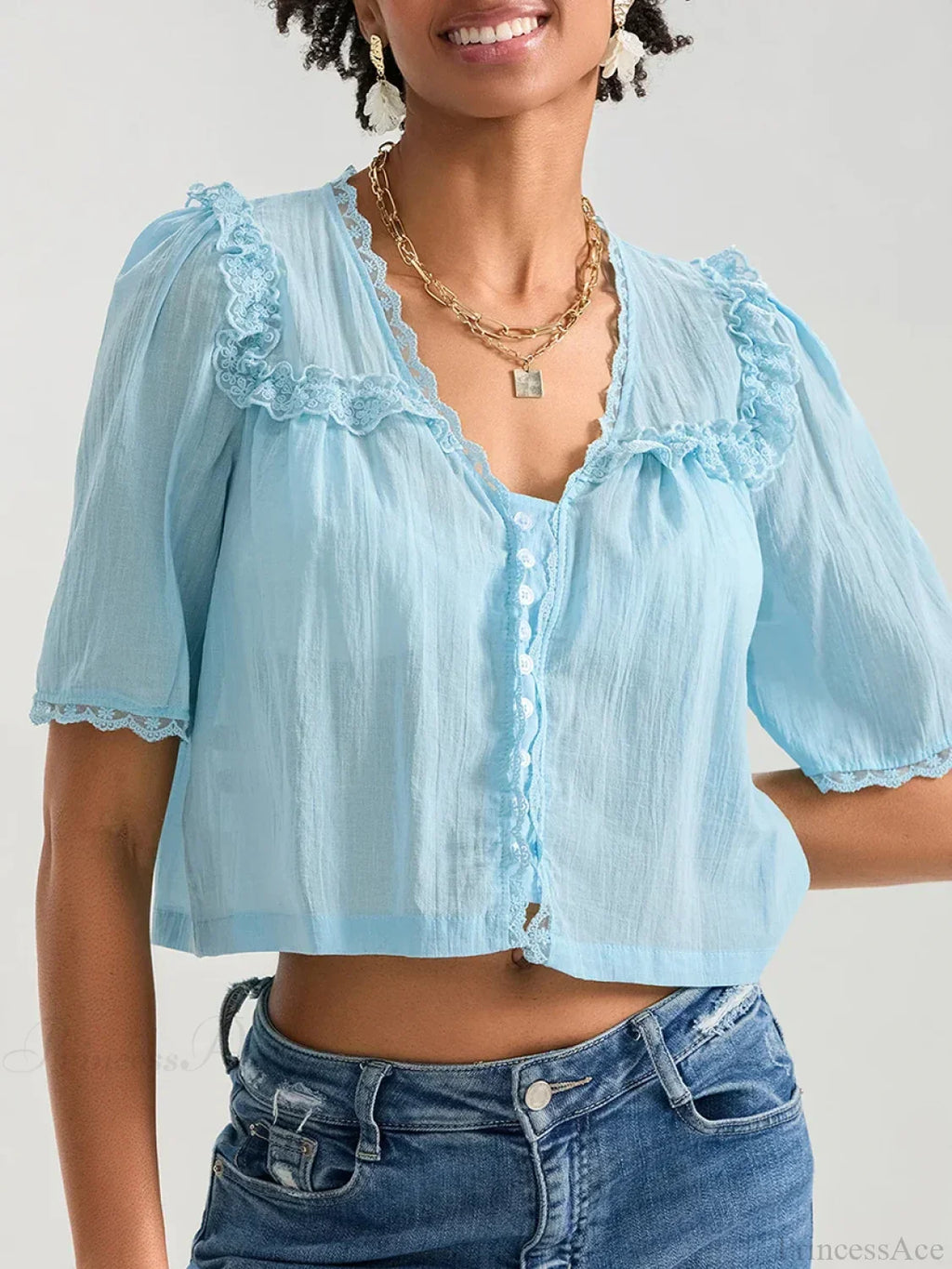 Lace Ruffle V-neck Button Casual Loose Crop Shirt image 1