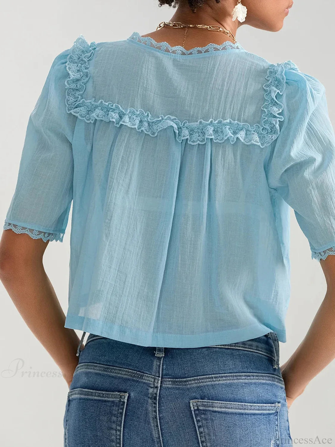 Lace Ruffle V-neck Button Casual Loose Crop Shirt image 2