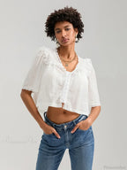 Lace Ruffle V-neck Button Casual Loose Crop Shirt image 3
