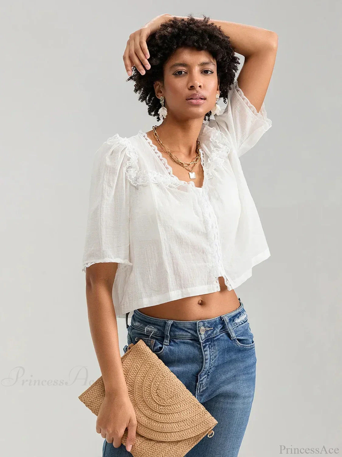 Lace Ruffle V-neck Button Casual Loose Crop Shirt image 4