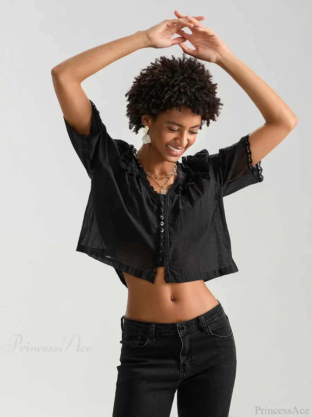 Lace Ruffle V-neck Button Casual Loose Crop Shirt image 6