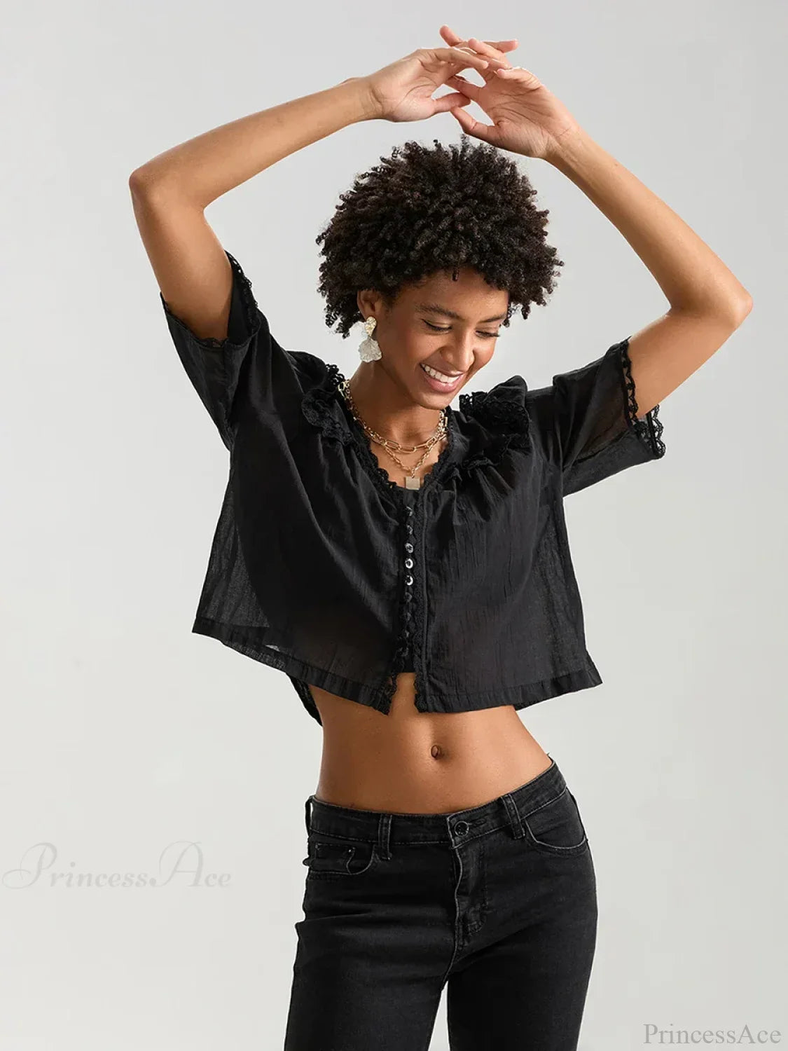 Lace Ruffle V-neck Button Casual Loose Crop Shirt image 6