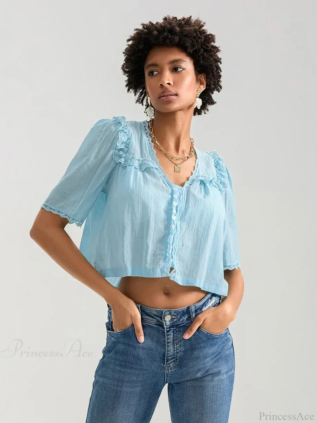 Lace Ruffle V-neck Button Casual Loose Crop Shirt image 8
