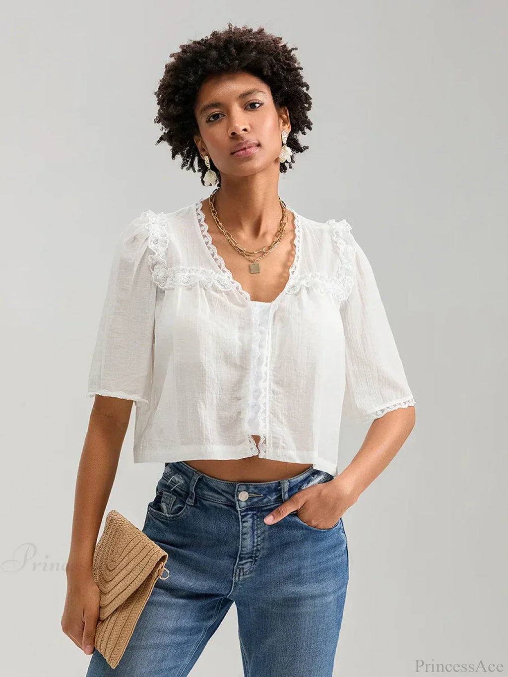 Lace Ruffle V-neck Button Casual Loose Crop Shirt image 9