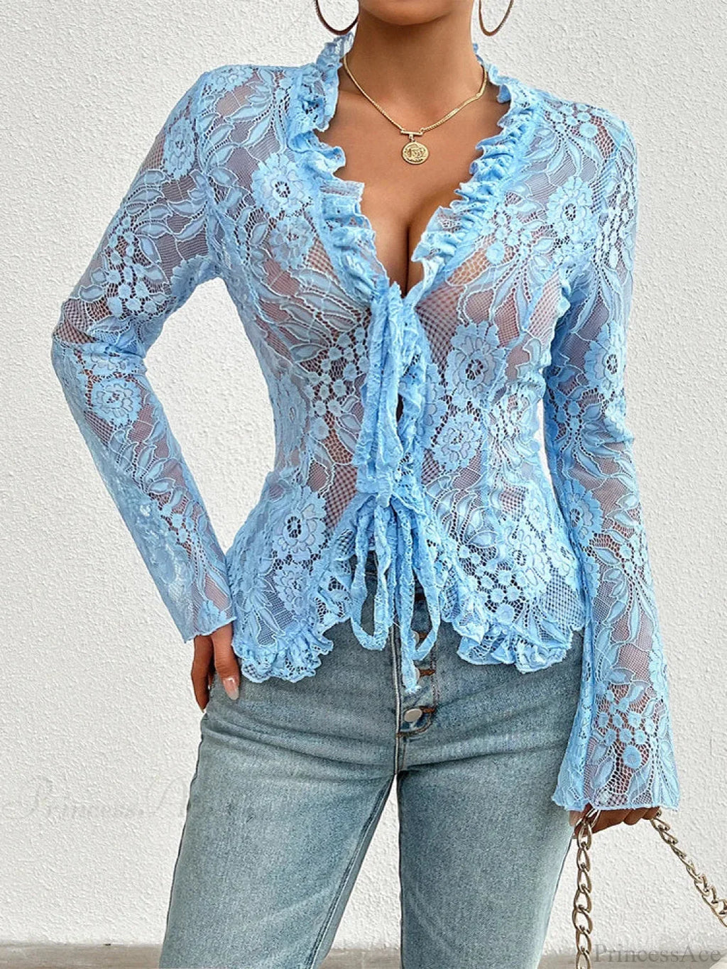 Lace See-Through Sexy Long Sleeve Blouse image 10