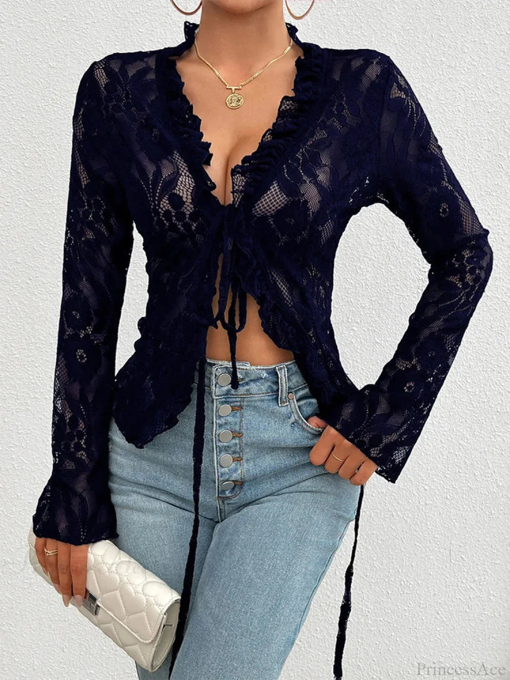 Lace See-Through Sexy Long Sleeve Blouse image 8