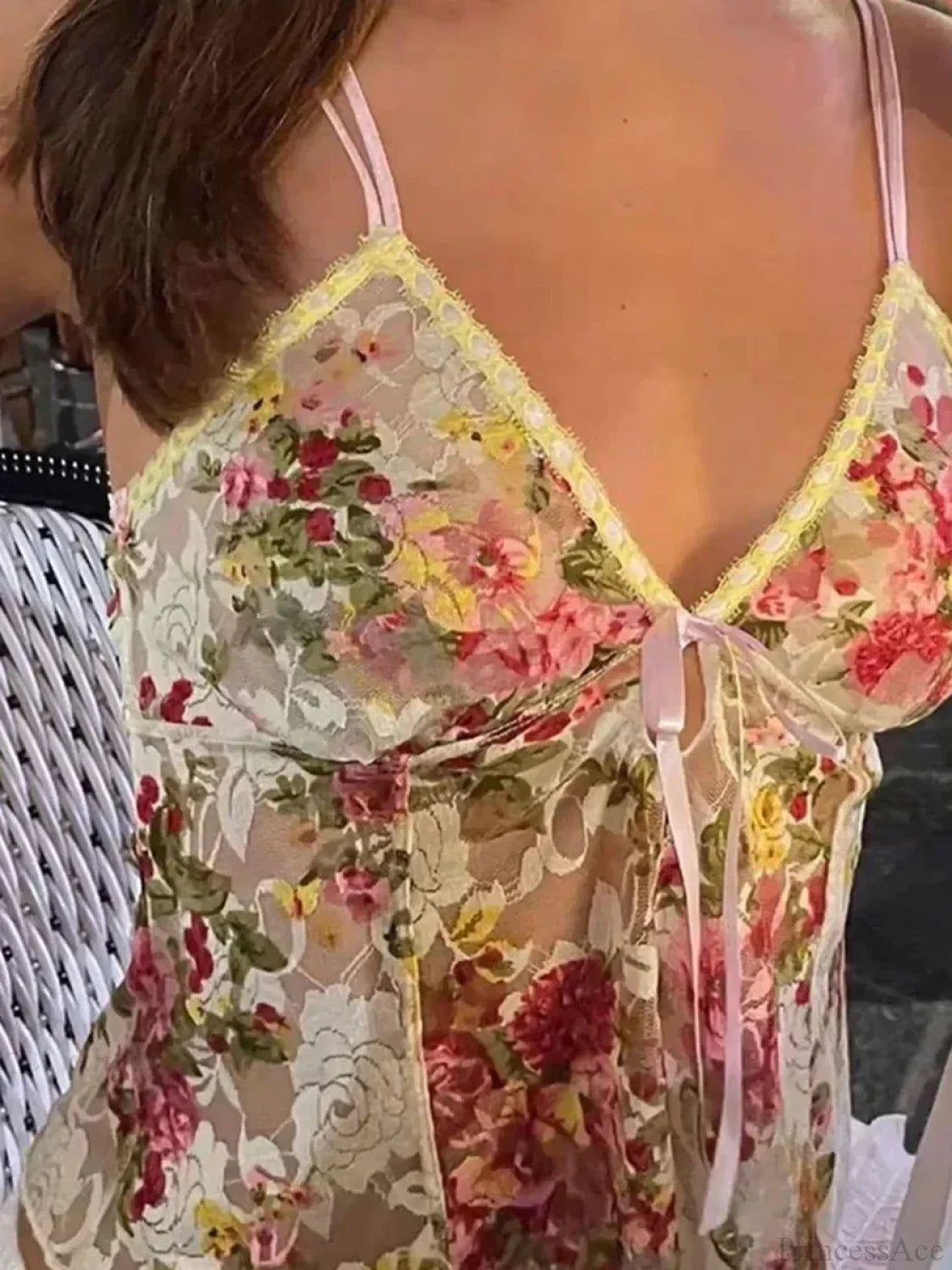 Lace Sheer Floral V Neck Crop Top image 3