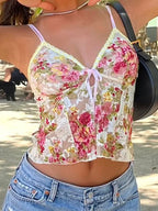 Lace Sheer Floral V Neck Crop Top image 1