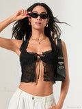 Lace Sheer Tie-up Front Sleeveless Slim Fit Crop Vest image 2