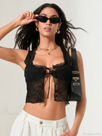 Lace Sheer Tie-up Front Sleeveless Slim Fit Crop Vest image 2