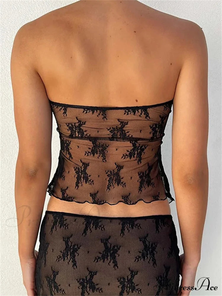 Lace Sheer Tube Charming Tie Up Slit Top image 6