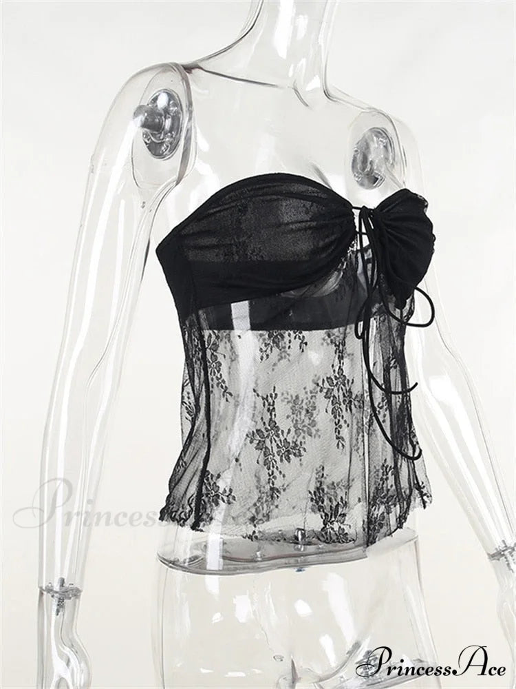 Lace Sheer Tube Charming Tie Up Slit Top image 9