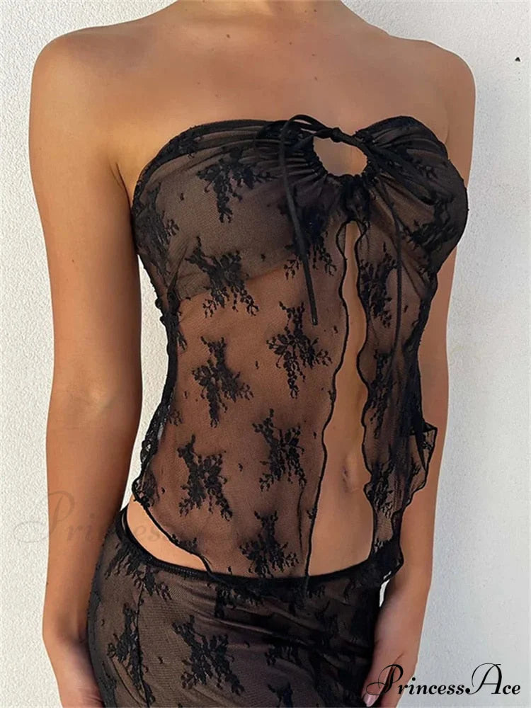 Lace Sheer Tube Charming Tie Up Slit Top image 7