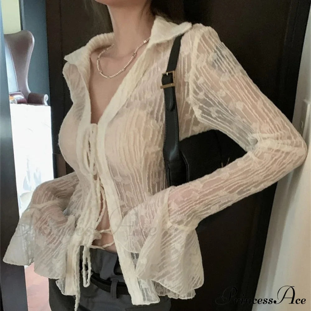 Lace Shirts Long Arm Slim Harajuku Transparent Blouse Korean Women Black Goth Fashion Aesthetic image 6