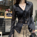 Lace Shirts Long Arm Slim Harajuku Transparent Blouse Korean Women Black Goth Fashion Aesthetic image 5