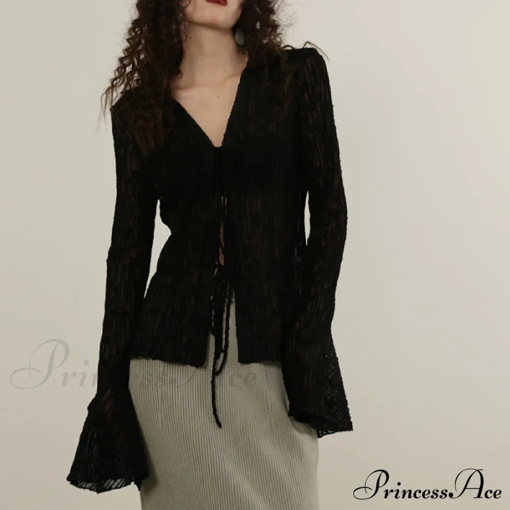Lace Shirts Long Arm Slim Harajuku Transparent Blouse Korean Women Black Goth Fashion Aesthetic image 7