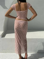 Lace Short Sleeve V-neck T-shirt and Long Skirt Set image 6