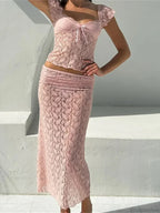 Lace Short Sleeve V-neck T-shirt and Long Skirt Set image 5